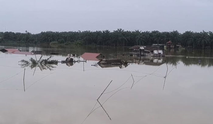 Objek wisata Pulau Cinta Dusun Teluk Jering, Desa Teluk Kenidai Kecamatan Tambang, Kabupaten Kampar tenggelam dilanda banjir, Senin (20/1/2025).