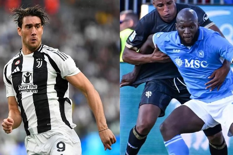 Penyerang Napoli Romelu Lukaku (kanan) dan Dusan Vlahovic baka adu tajam saat Napoli vs Juventus di Stadion Armando Maradona, Naples, dini hari nanti WIB.