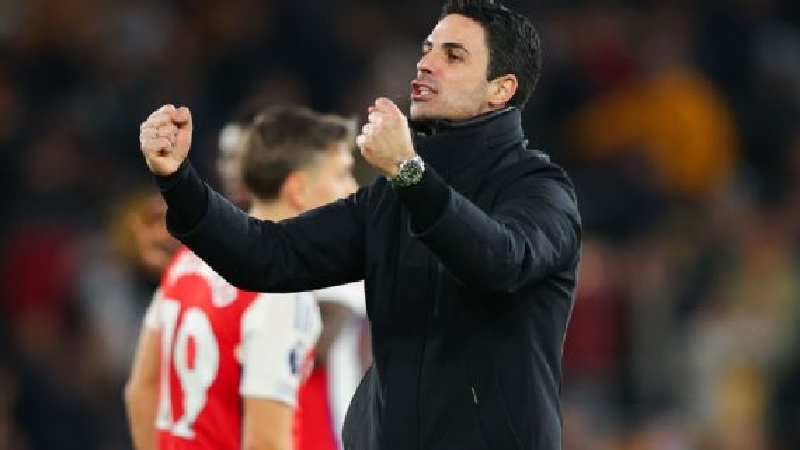 Mikel Arteta meluapkan kegembiraannya saat mengalahkan Wolves 1-0 dalam lanuitan Liga Premier Inggris.