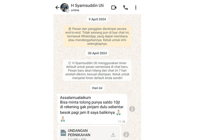 Tangkapan layar penipuan mengatasnamakan eks Wabup Inhil H Syamsuddin Uti lewat aplikasi percakapan WA