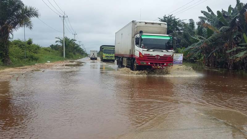 Truk melintasi Jalan Lintas Timur Km 76 Desa Kemang, Kecamatan Pangkalan Kuras, Kabupaten Pelalawan, Jumat (31/1/2025).