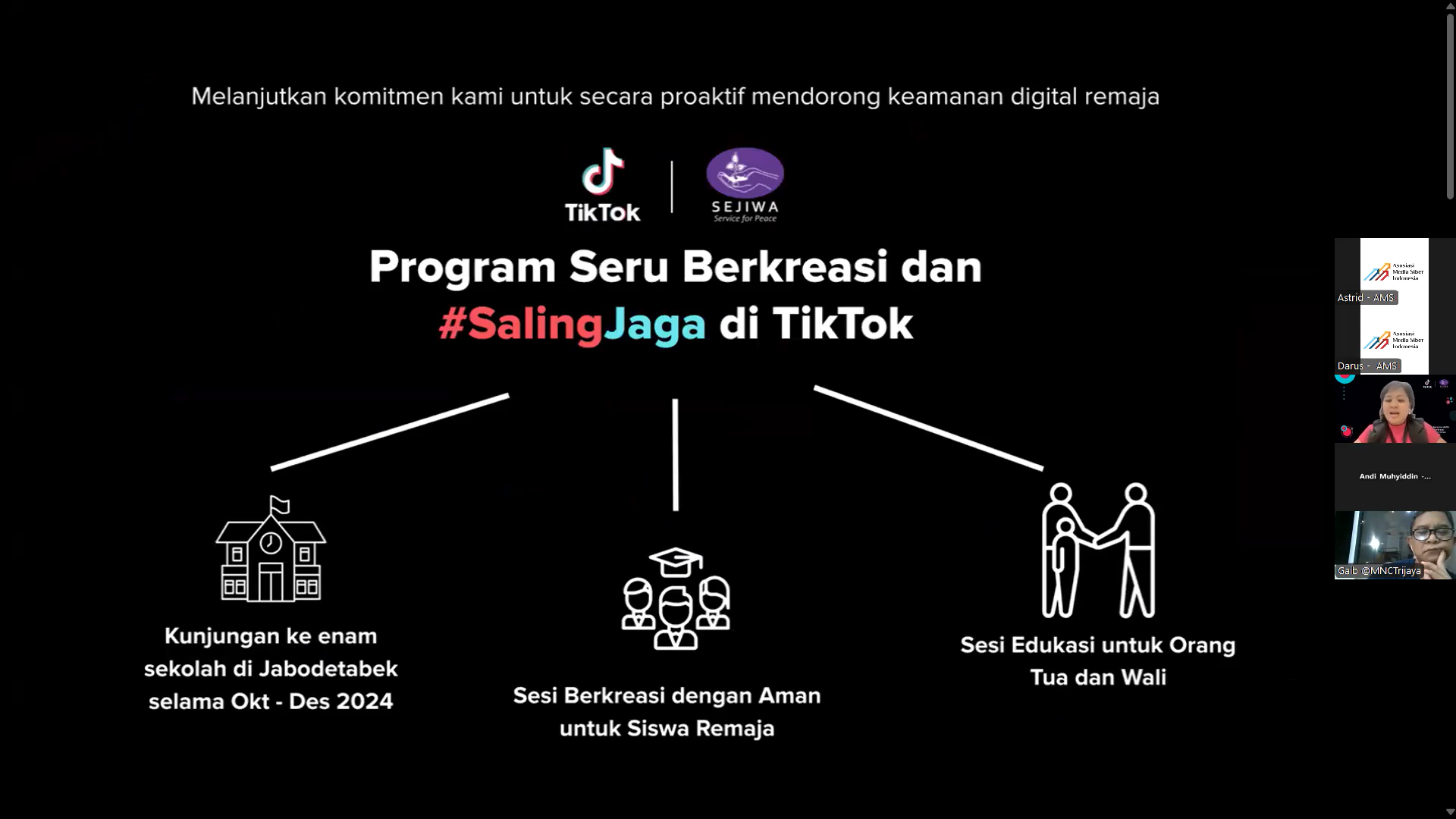 Workshop yang digelar Asosiasi Media Siber Indonesia (AMSI) berkolaborasi TikTok Indonesia terkait Keamanan Digital bagi Remaja yang digelar secara daring, Jumat (31/1/2024).