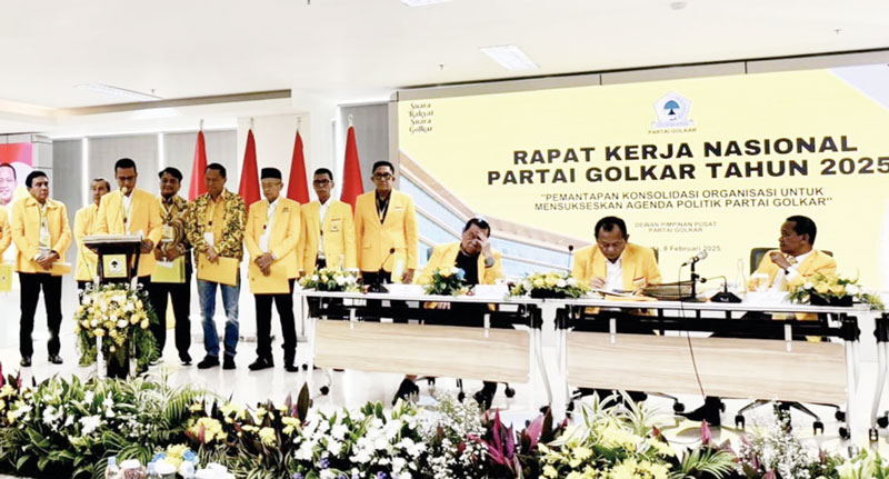 Suasana Rapat Kerja Nasional (Rakernas) Partai Golkar di Kantor DPP Partai Golkar, Jalan Anggrek Neli Murni, Slipi, Jakarta Barat, Ahad (9/2/2025).