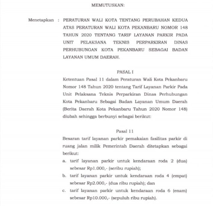 Lembaran Perwako penurunan tarif parkir yang beredar di sejumlah WAG di antara Warga Kota Pekanbaru sejak Rabu (19/2/2025) siang.