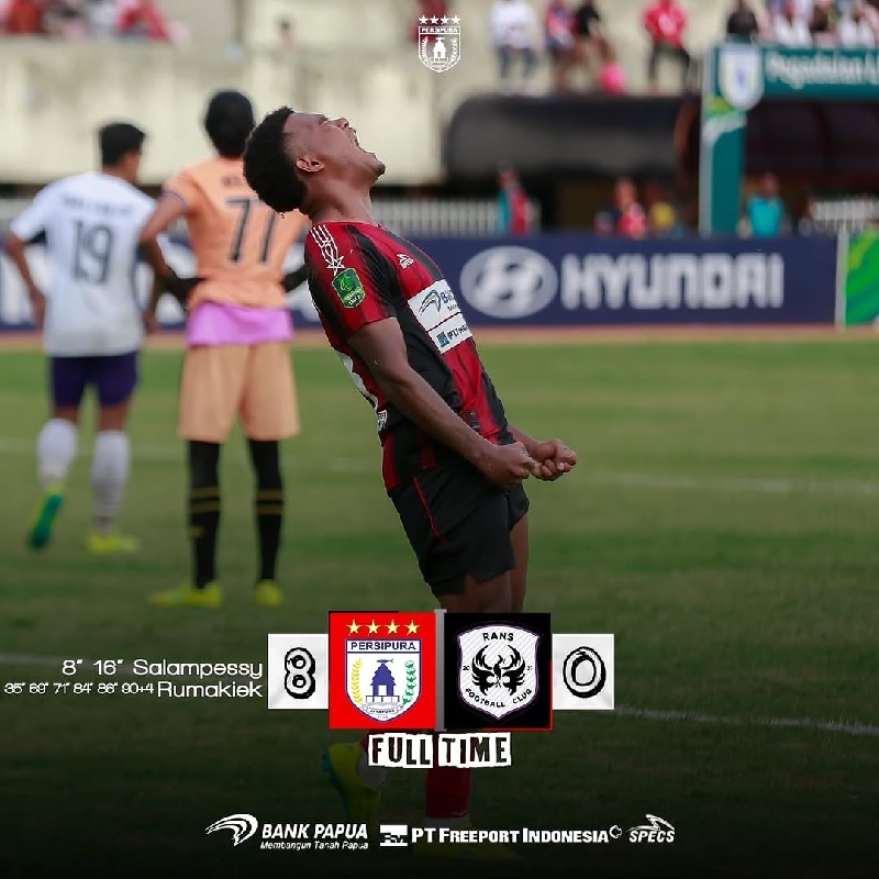 Ramai Rumakiek mencetak double hat-trick saat menghajar Rans Nusantara 8-0 pada laga terakhirnya di Babak Play-off Degradasi Liga 2.