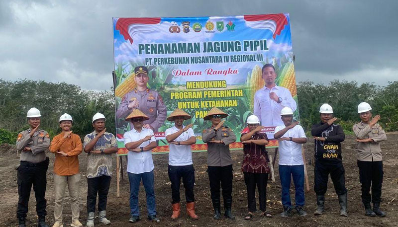 SEVP Operation Yudhi Cahyadi foto bersama dengan Kapolres Indragiri Hulu, Kapolsek LBJ, Manajer AMO I, Manajer AMO II, saat penanaman perdana jagung pipil  di Afdeling VI.