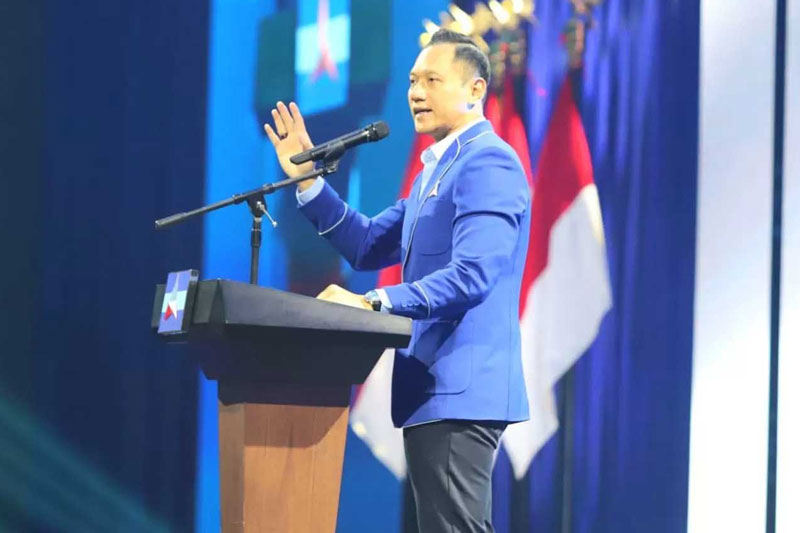 Ketua Umum Partai Demokrat, Agus Harimurti Yudhoyono (AHY) menyampaikan pidato politik saat pembukaan Kongres Partai Demokrat VI di Hotel Ritz Carlton, Jakarta.