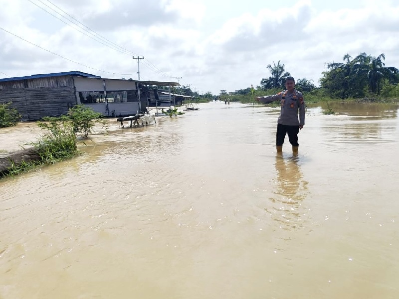 Kapolsek Bonai Darussalam Iptu Romi Yendri SH MH memantau kondisi banjir yang merendam ruas jalan provinsi Sontang batas Duri di Kecamatan Bonai Darussalam, Rohul, Ahad (2/3/2025).