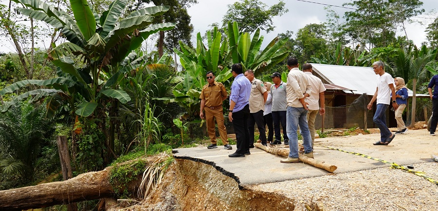 Bupati Kuansing Dr H Suhardiman Amby MM bersama Kadis PUPR Zulkarnain meninjau jembatan darurat Desa Sigaruntang-Desa Koto Inuman, Selasa (4/3/2025).