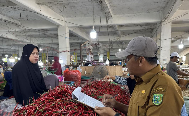 Petugas Disperindag Inhu saat mendata harga keperluan pokok di Pasar Rakyat Rengat, Selasa (4/3/2025). Harga cabai merah keriting mengalami kenaikan.