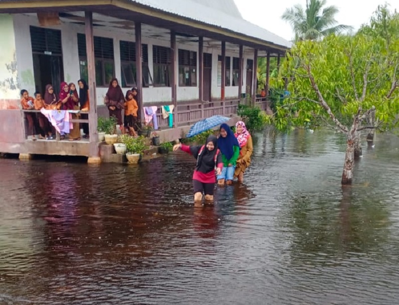Para pelajar Sekolah Dasar Negeri (SDN) di Desa Sungai Ara Kecamatan Pelalawan Kabupaten Pelalawan dipulangkan akibat banjir sehingga aktivitas sekolah diliburkan, akhir pekan lalu.