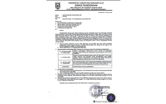 Surat Edaran Dinas Pendidikan Indragiri Hilir