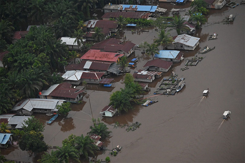 Pantauan udara kondisi banjir di Kabupaten Pelalawan, Riau, Rabu (19/3/2025).