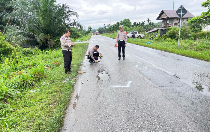 Petugas kepolisian melakukan olah tempat kejadian Lakalantas.
