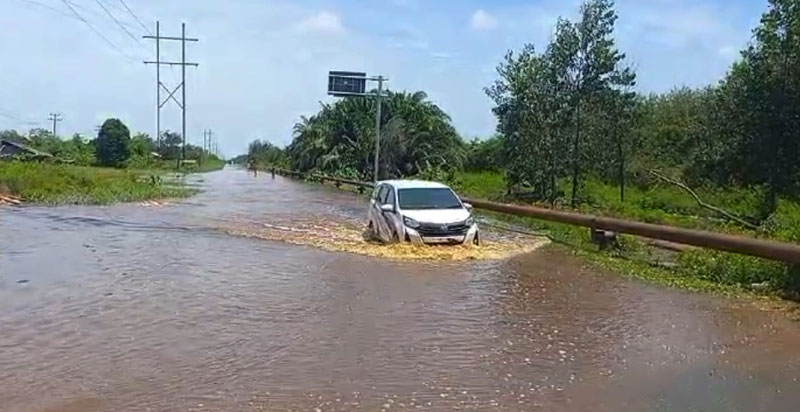 Jalan Lintas Siak-Tanjung Buton Kampung Dosan, Kecamatan Pusako, masih tergenang banjir, Senin (24/3/2025).
