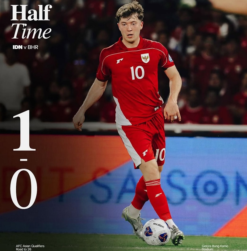 Ole Romey membwa Timnas Indonsia unggul 1-0 pada babak pertama atas Bahrain di Stadion Utama Gelora Bung Karno, Jakarta, Selasa (25/3/2025) malam WIB.