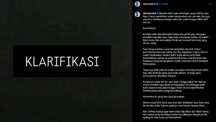 Unggahan klarifikasi Ridwan Kamil di akun Instagram miliknya.