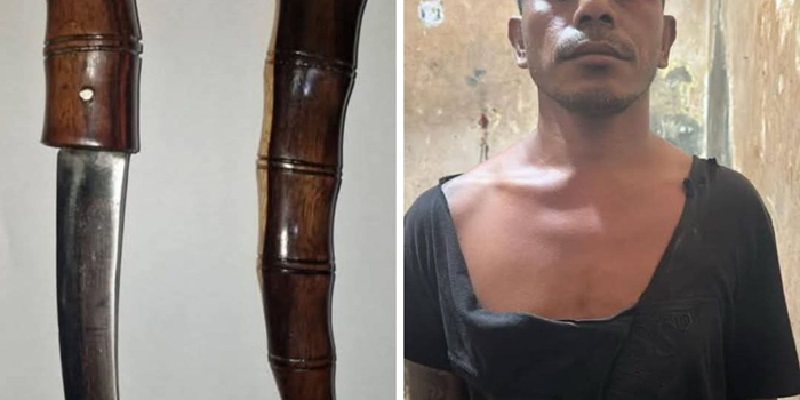 Pelaku penikaman Marselinus Kuku yang menewaskan dua anggota polisi di Bagansiapi bersama barang bukti.