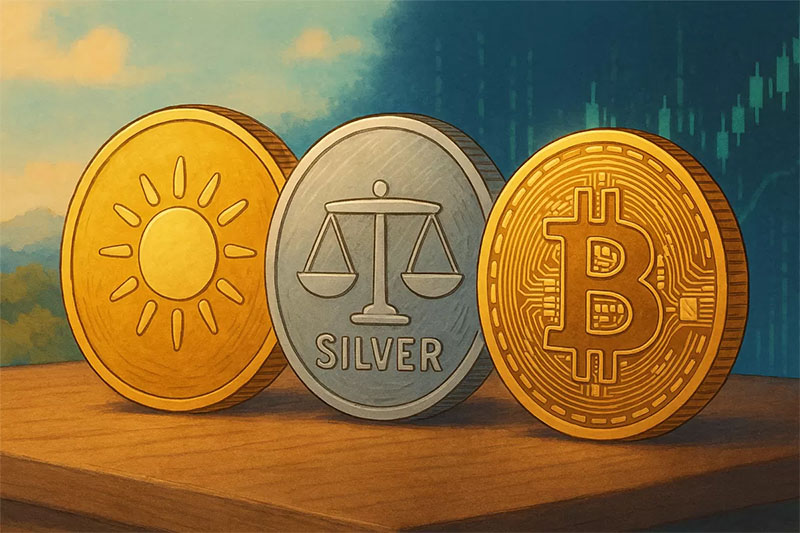 Ilustrasi Bitcoin, Perak, dan Emas.