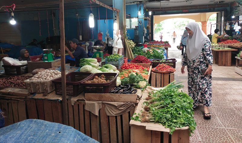 Kepala Dinas Ketahanan Pangan Bengkalis Susi saat berbelanja keperluan rumah tangga di Pasar Terubuk Bengkalis dan mengecek ketersediaan bahan pangan, Selasa (8/4/2025).