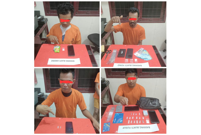 Empat orang tersangka narkoba jenis sabu bersama barang bukti diamankan di Mapolsek Tembilahan Hulu, Rabu (9/4/2025).