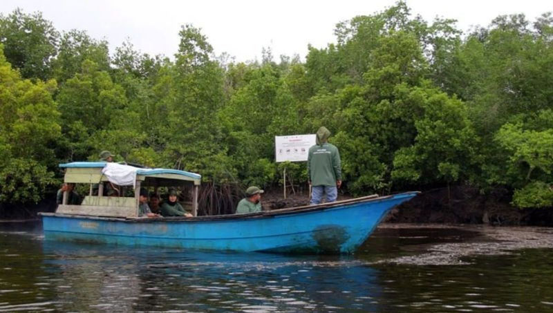 Tim Yayasan Konservasi Alam Nusantara bersama masyarakat Desa Teluk Pambang, Bengkalis memantau ekosistem mangrove di sepanjang tepian laut dan Sungai Kembung.