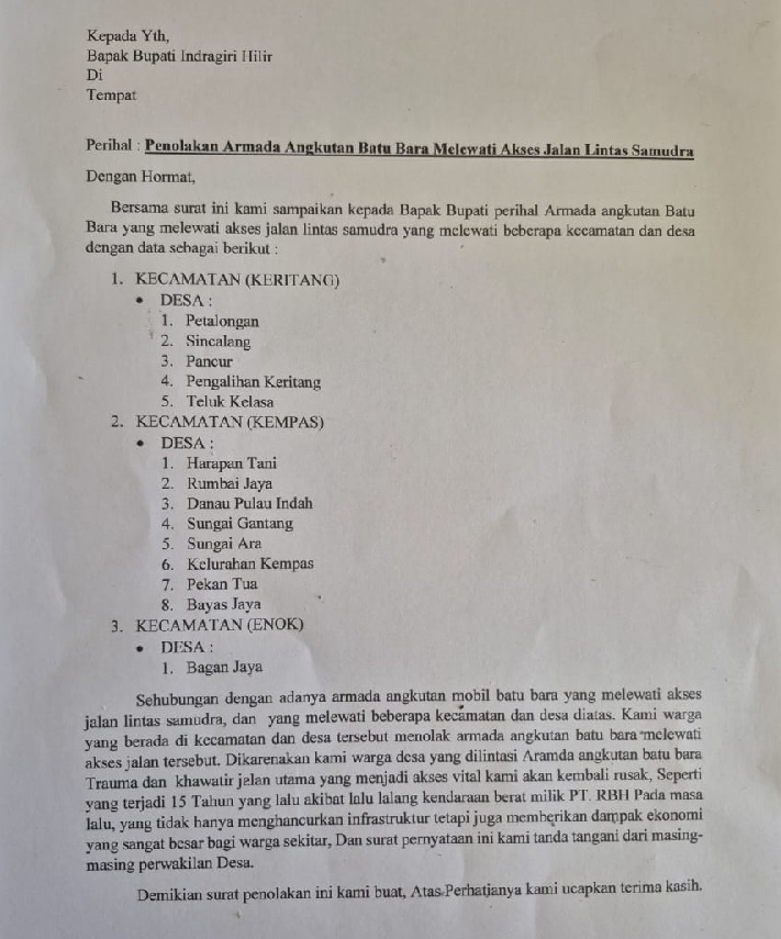 Isi surat penolakan dari masyarakat yang ditujukan ke Bupati Inhil, Kamis (17/4/2025).