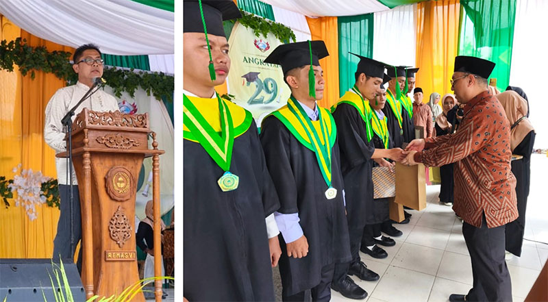 (Kiri) Ahmad Dardiri, Wali Santri Misbahul Munir memberikan sambutan mewakili orang tua. (Kanan) Ketua Yayasan Nur Iman Pekanbaru Amrasul Abdullah bersama Pimpinan Pondok Pesantren Dar El Hikmah