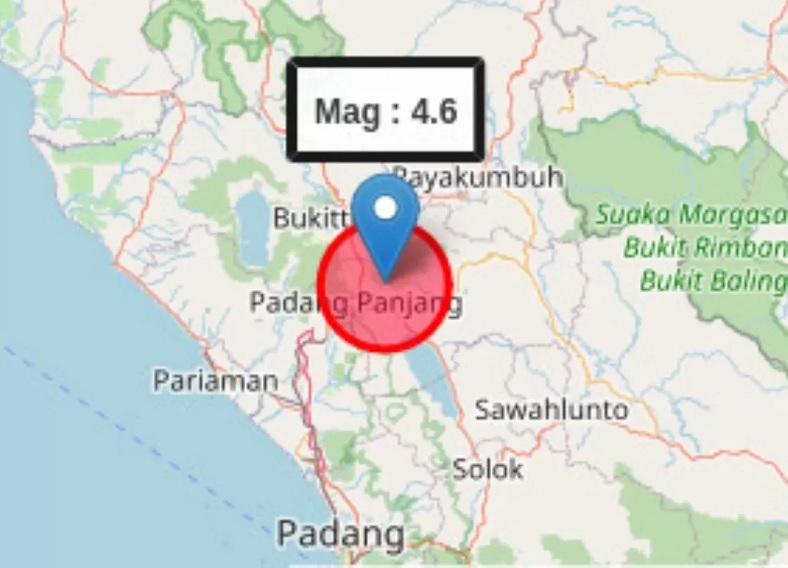 Gempa Magnitudo 4,6 yang mengguncang wilayah timur laut Padangpanjang, Sumatera Barat pada Sabtu (19/4/2025) malam pukul 20.47 WIB.