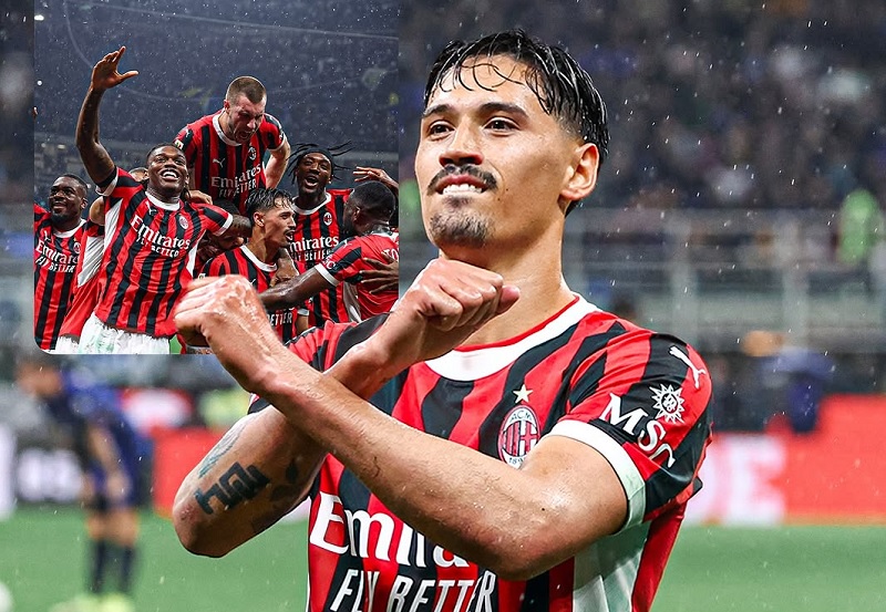 Selebrasi khas gelandang AC Milan Tijjani Reijnders usai mencetak gol ke gawang Inter Milan pada leg kedua semifinal Coppa Italia di San Siro.