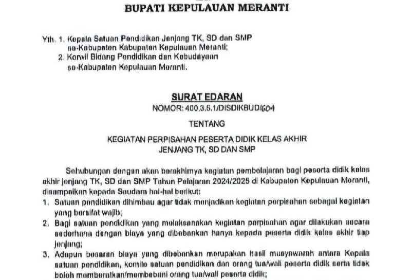 Surat edaran Bupati Meranti mengizinkan pungutan uang perpisahan murid kelas akhir.