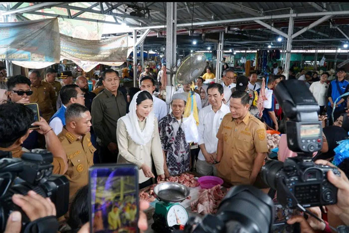 Wako Pekanbaru Agung Nugroho mendampingi dan Wakil Menteri Perdagangan RI Dyah Roro Esti Widya Putri dan Gubernur Riau Abdul Wahid meninjau Pasar Cik Puan, Senin (28/4/2025).