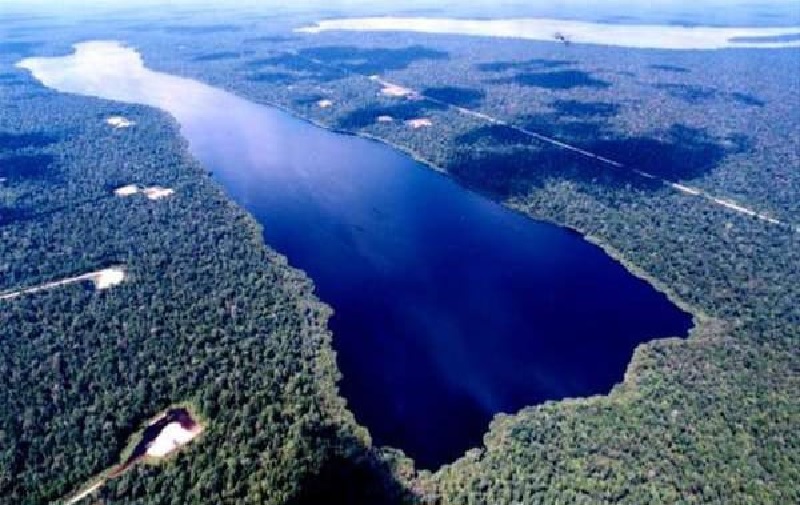 Danau Zamrud membentang dikelilingi hutan hijau rawa gambut terlihat dari udara, yang menjadi salah satu potensi wisata Kampung Dayun, Siak, Riau.