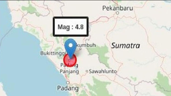 Gempa tektonik Magnitudo 4,8 mengguncang wilayah Padangpanjang, Sumatera Barat, Jumat (2/5/2025) pukul 14.07 WIB.