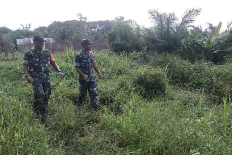 Dua anggota Koramil 01/Bengkalis sedang melakukan patroli di lokasi lahan masyarakat di Desa Kembung Luar dalam mencegah karhutla, Senin (5/5/2025).