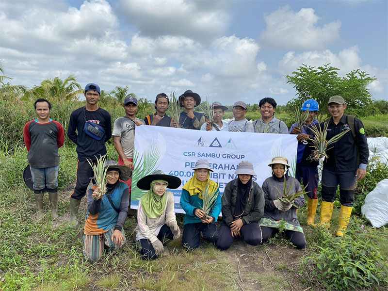 Serah Terima Simbolis Bibit Nanas dari Sambu Group pada petani, Rabu (7/5/2025) di Kecamatan Pulau Burung, Kabupaten Indragiri Hilir, Riau.