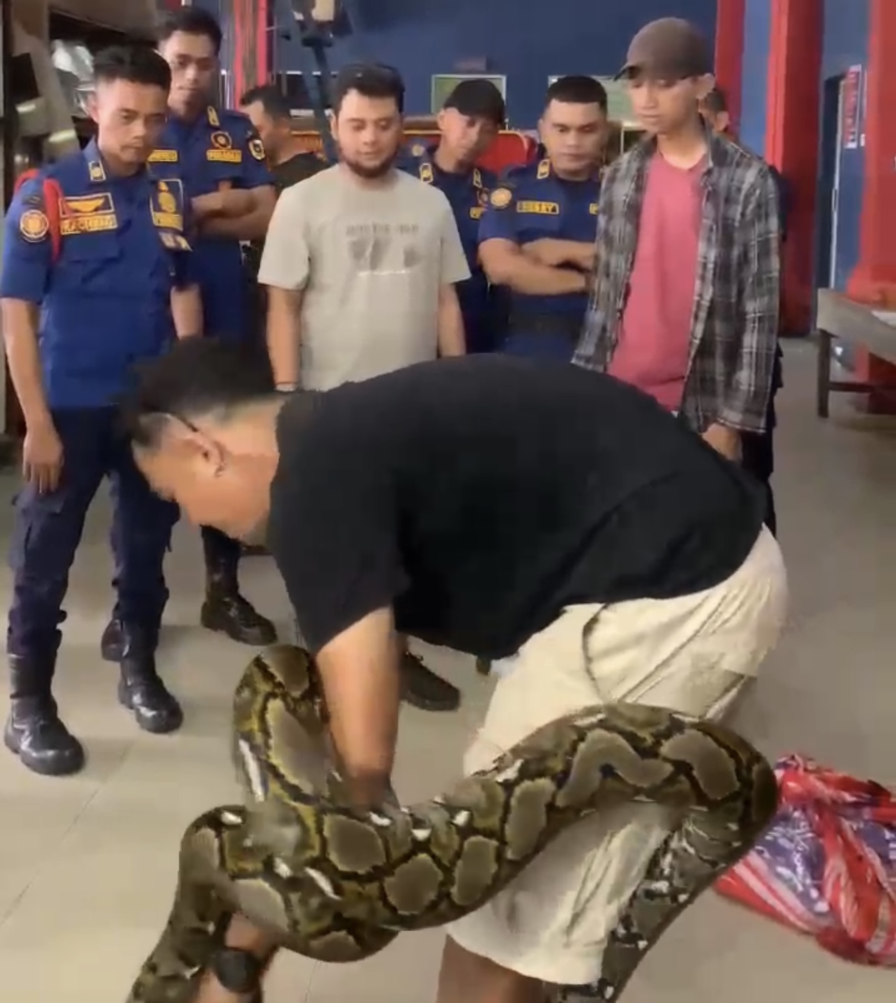 Panji Petualang dan tim saat memberikan edukasi tentang reptil bersama Tim Rescue Damkar Pekanbaru di Kantor Dinas Damkar dan Penyelamatan Kota Pekanbaru, Senin (12/5/2025).