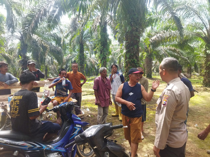 Marpandi (baju biru celana kuning) warga Desa Pulau Jambu Kecamatan Cerenti yang menderita tuna rungu berhasil ditemukan dikebun warga Di Desa Ketaping Jaya Inuman, Jumat (23/5/2025).