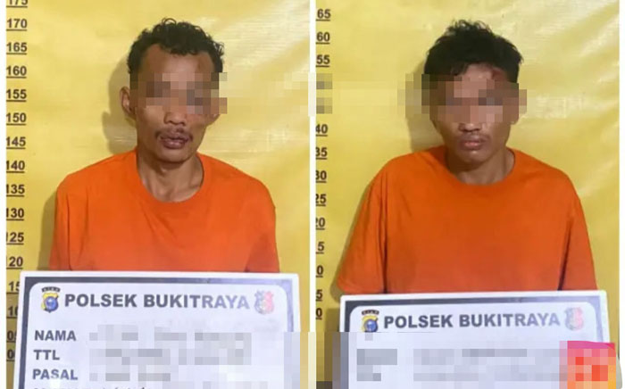 Pelaku Curanmor Yudi Eko Purnomo (YEP) dan Dicky Pernaungan Lubis (DPL) saat diamankan Polsek Bukit Raya Pekanbaru.