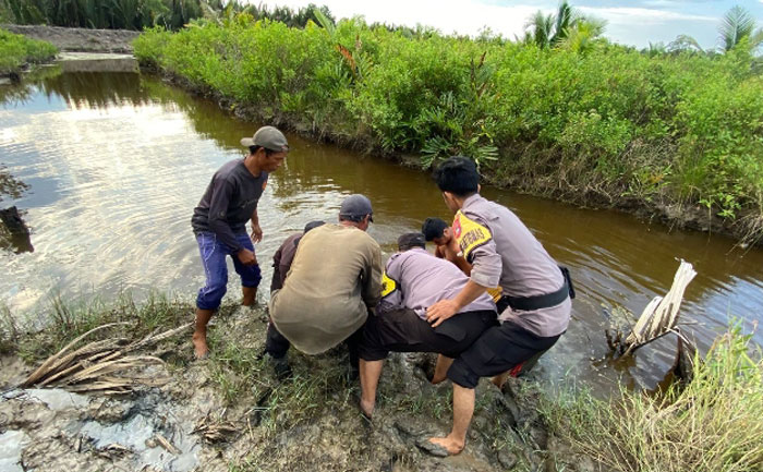 Petugas kepolisian dibantu masyarakat mengevakuasi nelayan bernama Rahman di Parit Pisang, Desa Tanjung Pasir, Kecamatan Tanah Merah, Kabupaten Indragiri Hilir (Inhil), Sabtu (31/5/2025).