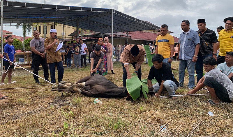 Kapolres Kampar AKBP Mihardi Mirwan memimpin penyembelihan hewan kurban di Mapolres Kampar, Bangkinang, Jumat (6/6/2025).
