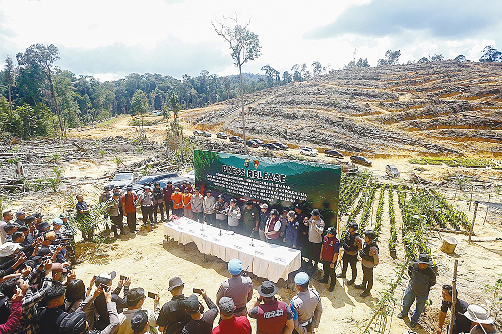 Polda Riau saat menggelar ekspose penangkapan pelaku perambahan Hutan Lindung Siabu di Kabupaten Kampar, Senin (9/6/2025).