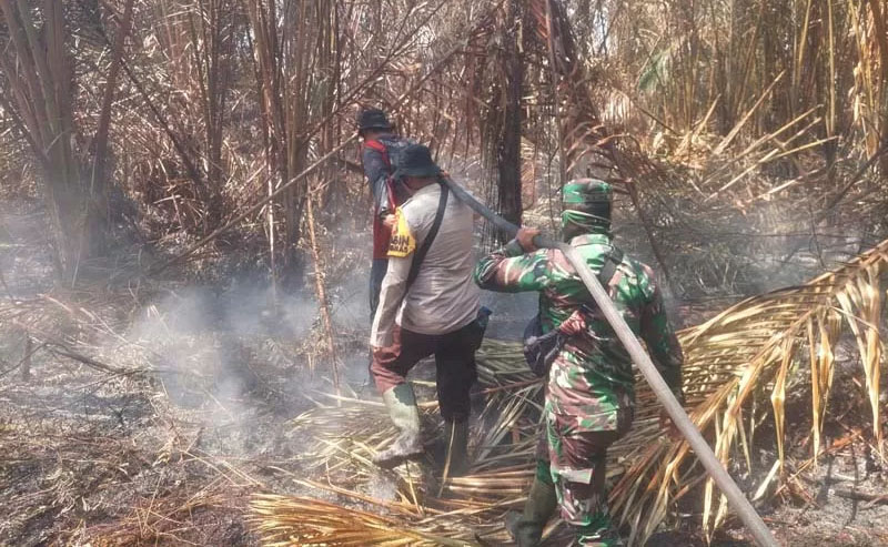 Personel Satgas Karhutla Kepulauan Meranti melakukan proses pemadaman titik api yang membara di Hutan Tanjung Padang, Kecamatan Tasik Putripuyu, Kepulauan Meranti, beberapa waktu lalu.