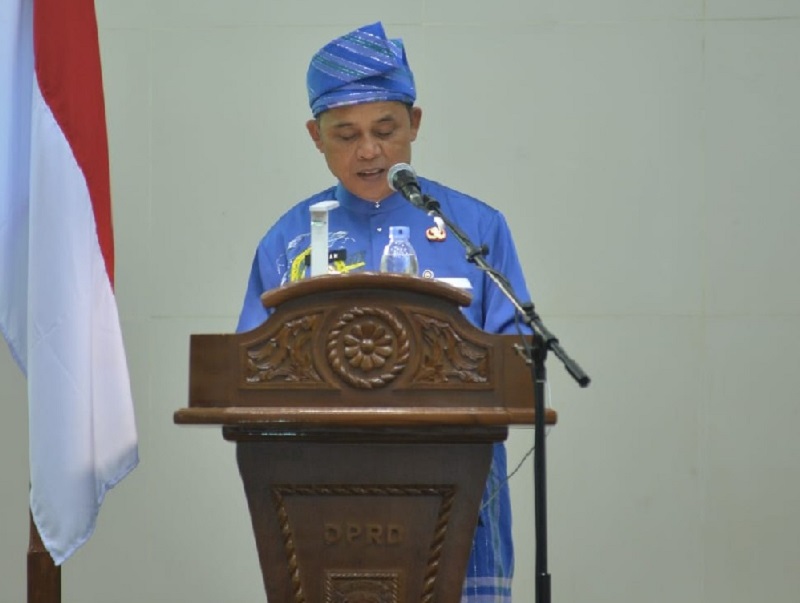 Bupati Inhil Herman memberikan sambutan dalam sidang paripurna Milad Inhil ke-60 di Gedung DPRD Inhil, Sabtu (14/6/2025).