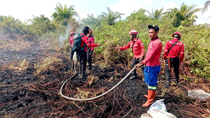 Kegiatan pendinginan dilakukan oleh satgas Karhutla di daerah Kelurahan Tanjung Penyembal, Kecamatan Sungai Sembilan.