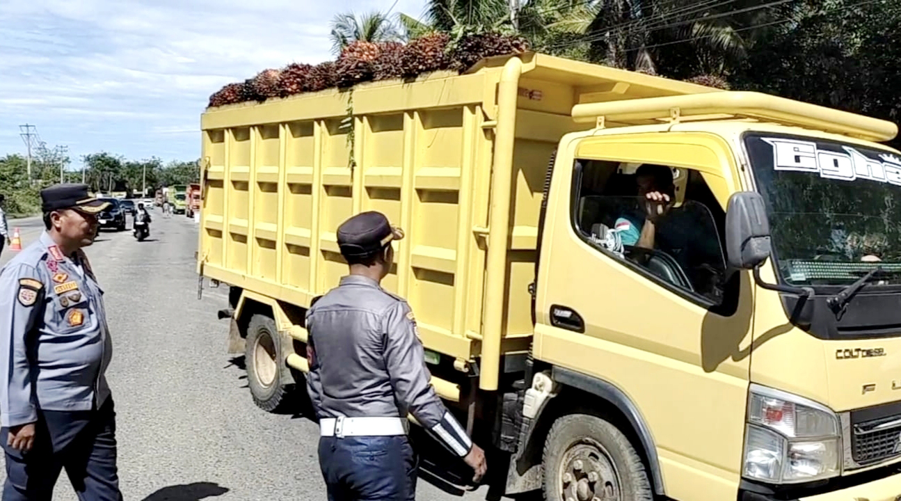 Kabid LLAJ Dishub Rohul Arie Gunadi SSTP MAP (kiri) bersama anggota memberhentikan truk  saat razia di Desa Rambah Tengah Hilir, Kecamatan Rambah, baru-baru ini.
