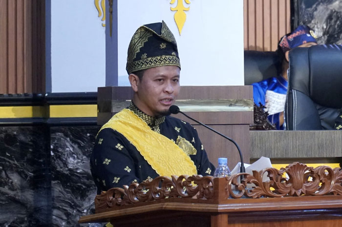 Wako Pekanbaru Agung Nugroho saat berpidato Rapat Paripurna Istimewa Hari Jadi ke-241 Kota Pekanbaru, Senin (23/6/2025).