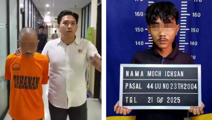 Moch Ichsan (22), pelaku penganiayaan ibu kandung di Bekasi saat diamankan polisi. Pelaku dijerat dengan Pasal 44 Ayat (1) UU RI No 23 Tahun 2004 Tentang Penghapusan KDRT.