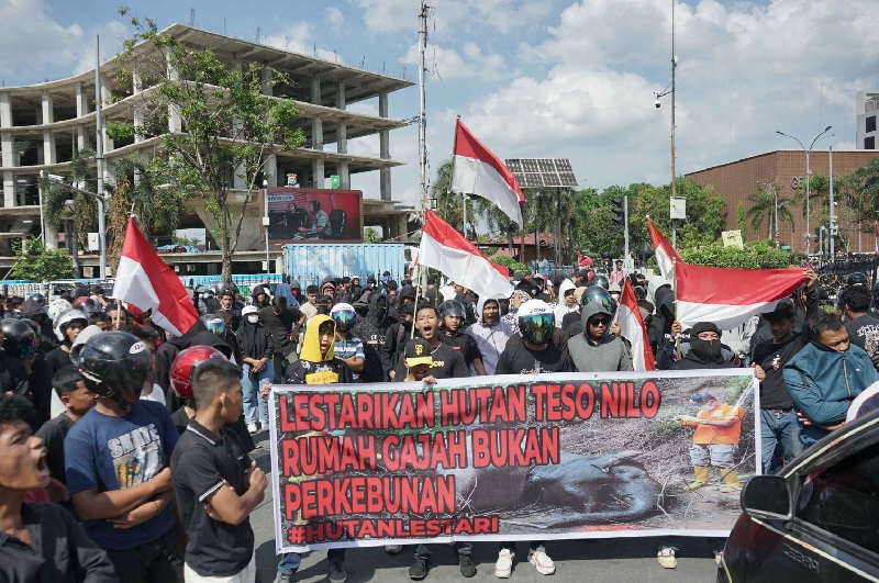 Massa dari Aliansi Masyarakat Penyelamat Habitat Gajah Sumatera Prov Riau melakukan aksi unjuk rasa di depan Kantor Gubernur Riau, Selasa (24/6/2025).