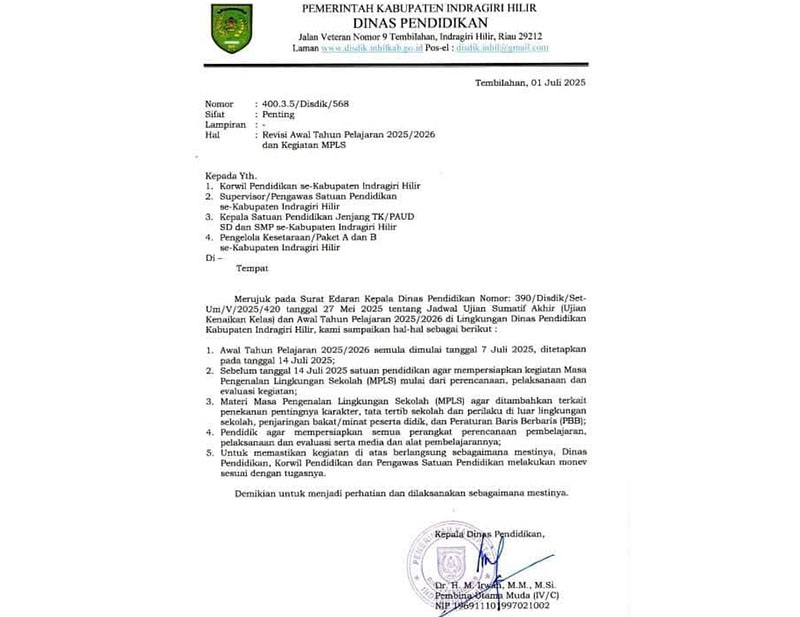 Surat Edaran (SE) penambahan waktu libur sekolah dari Dinas Pendidikan yang ditandatangi Kepala Dinas, Irwan.